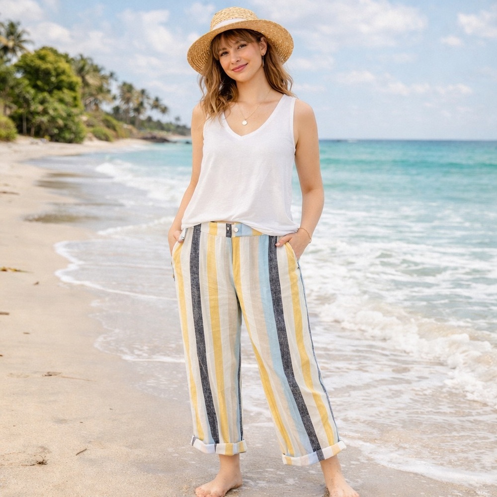CATO LINEN WIDE LEG BEACHY STRIPED PULL ON PANTS SIZE LARGE NWT